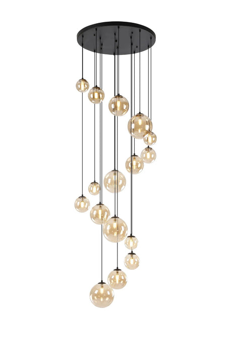 Ferguson Pendant, 16 x G9, Satin Black, Amber Plated Glass