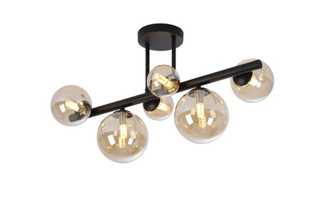 Ferguson Semi Flush Ceiling Light, 6 x G9, Satin Black, Amber Plated Glass
