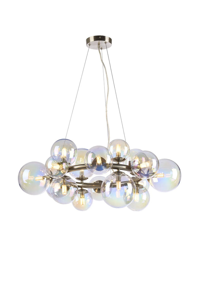 Ferguson Circular Pendant, 16 x G9, Satin Nickel, Iridescent Plated Glass