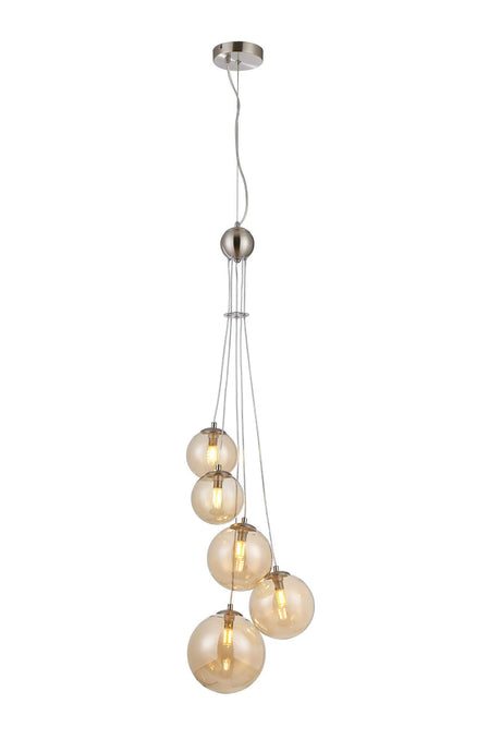 Ferguson Pendant, 5 x G9, Satin Nickel, Amber Plated Glass