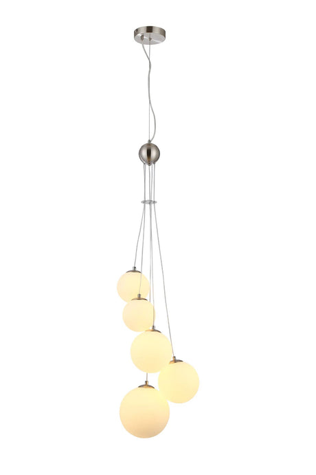 Ferguson Pendant, 5 x G9, Satin Nickel, Opal Glass