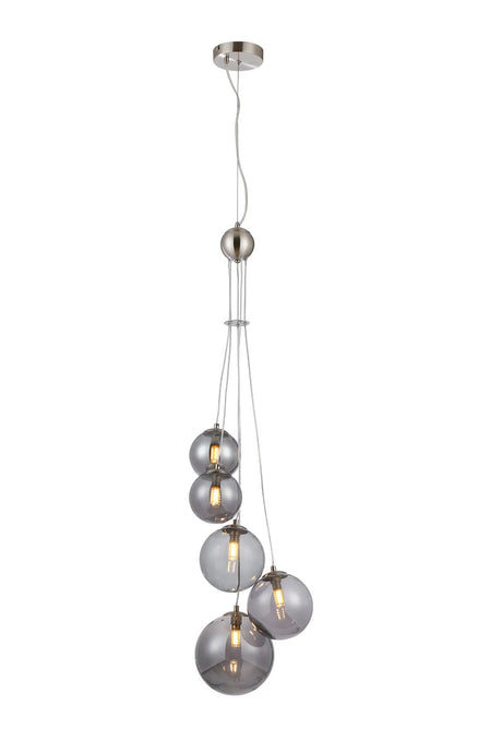 Ferguson Pendant, 5 x G9, Satin Nickel, Smoke Plated Glass