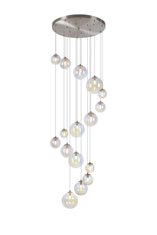 Ferguson Pendant, 16 x G9, Satin Nickel, Iridescent Plated Glass