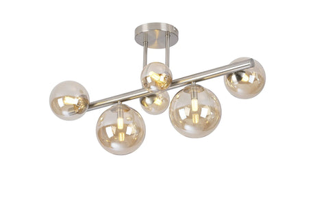 Ferguson Semi Flush Ceiling Light, 6 x G9, Satin Nickel, Amber Plated Glass