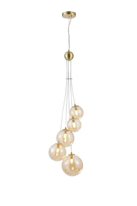 Ferguson Pendant, 5 x G9, Satin Gold, Amber Plated Glass