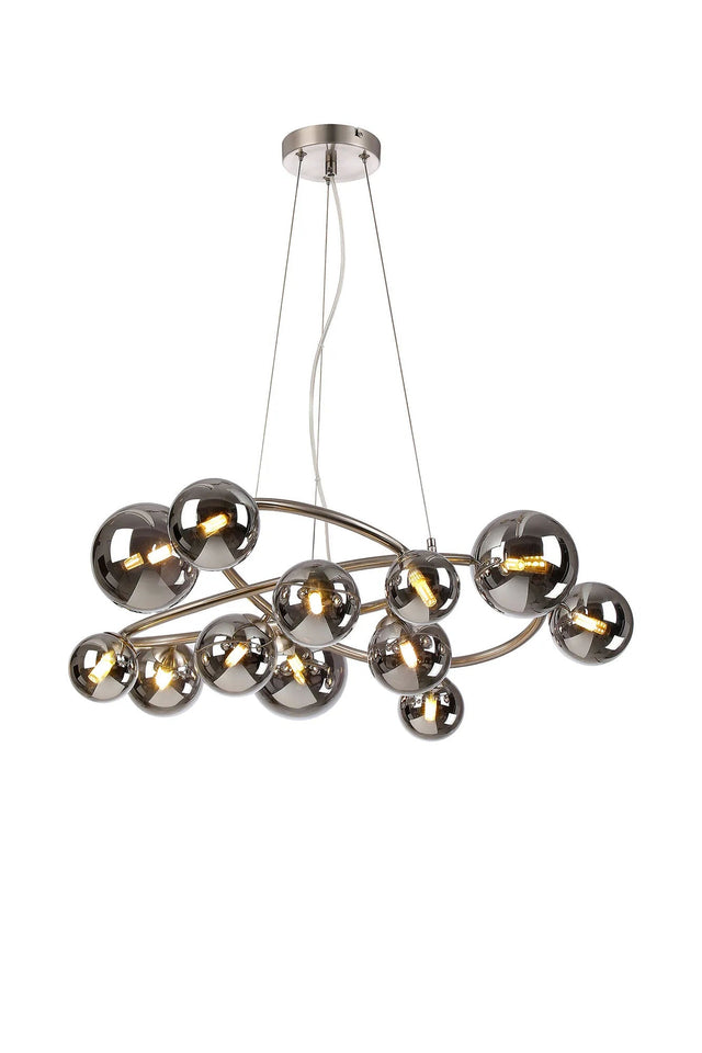Ferguson Twisted Pendant, 12 x G9, Satin Nickel, Chrome Plated Glass