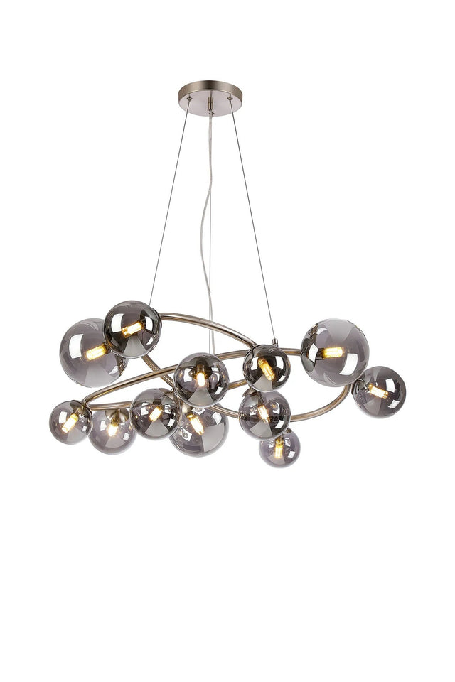 Ferguson Twisted Pendant, 12 x G9, Satin Nickel, Smoke Plated Glass