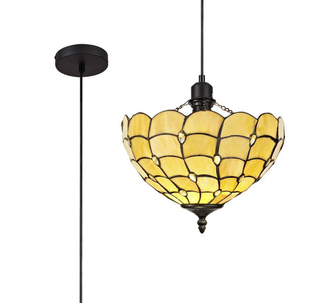 Finney 1 Light Uplighter Pendant E27 With 30cm Tiffany Shade, Beige/Clear Crystal/Black