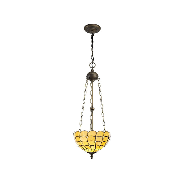 Finney 3 Light Uplighter Pendant E27 With 30cm Tiffany Shade, Beige/Clear Crystal/Aged Antique Brass