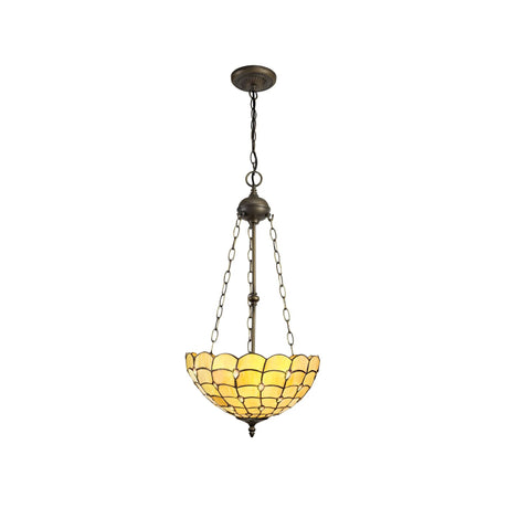 Finney 3 Light Uplighter Pendant E27 With 40cm Tiffany Shade, Beige/Clear Crystal/Aged Antique Brass