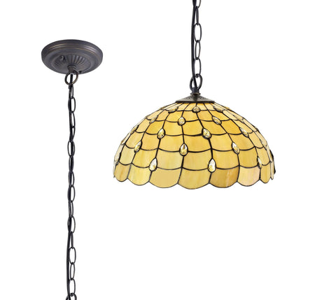 Finney 1 Light Downlighter Pendant E27 With 50cm Tiffany Shade, Beige/Clear Crystal/Aged Antique Brass