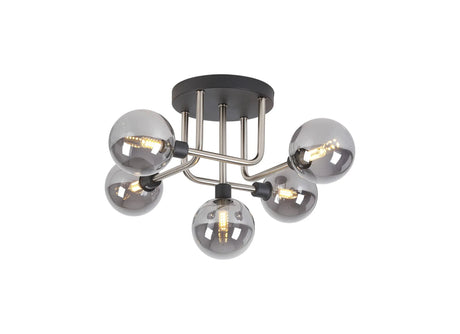 Gayle Flush Ceiling, 5 x G9, Graphite/Satin Nickel/Smoke Glass