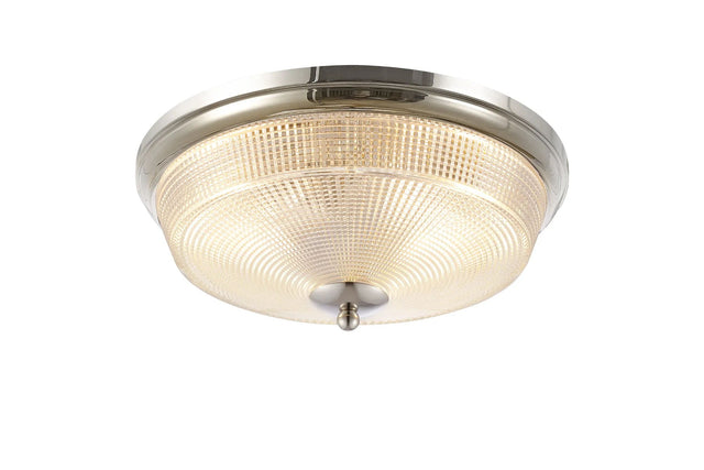 Gordon 2 x E27 Flush Ceiling Light, IP44, Polished Nickel/Prismatic Glass