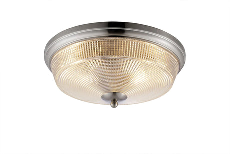 Gordon 2 x E27 Flush Ceiling Light, IP44, Satin Nickel/Prismatic Glass
