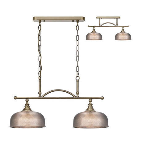 Gray Semi Flush/Pendant Bar, 2 Light Adjustable E27, Antique Brass/Smoke Glass