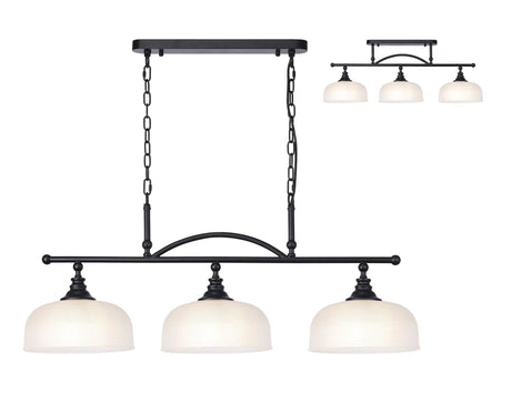 Gray Semi Flush/Pendant Bar, 3 Light Adjustable E27, Satin Black/Frosted Glass