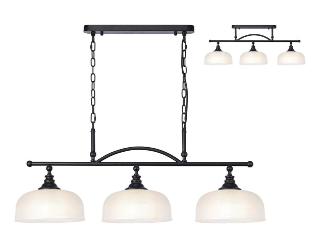 Gray Semi Flush/Pendant Bar, 3 Light Adjustable E27, Satin Black/Frosted Glass