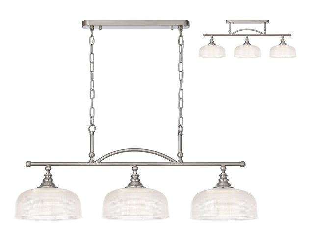 Gray Semi Flush/Pendant Bar, 3 Light Adjustable E27, Satin Nickel/Clear Glass