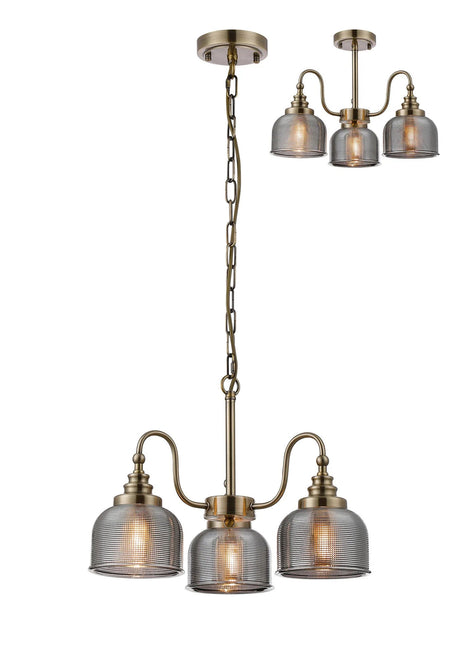 Gray Semi Flush/Pendant, 3 Light E27, Antique Brass/Smoke Glass
