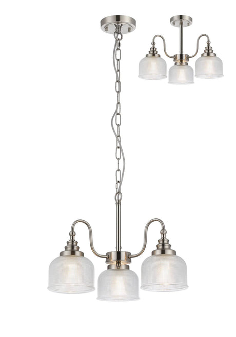 Gray Semi Flush/Pendant, 3 Light E27, Satin Nickel/Clear Glass