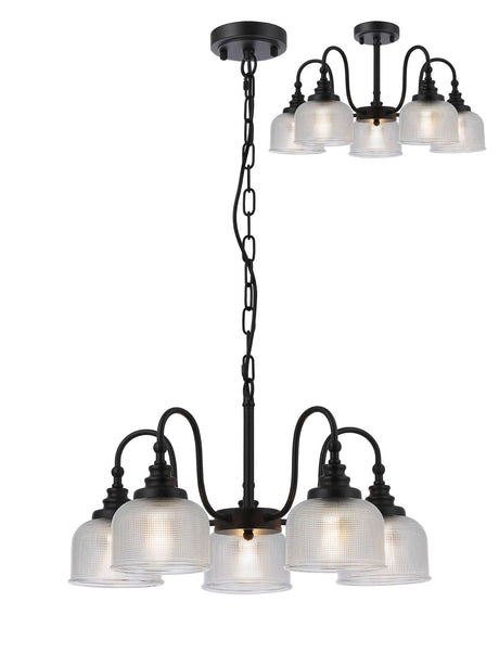 Gray Semi Flush/Pendant, 5 Light E27, Satin Black/Clear Glass