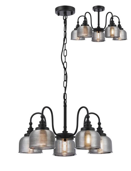 Gray Semi Flush/Pendant, 5 Light E27, Satin Black/Smoke Glass