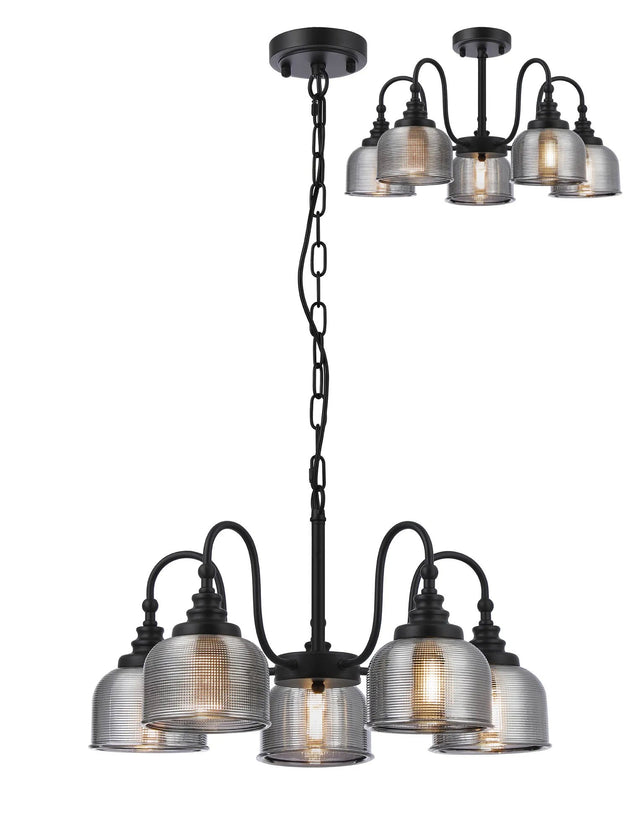Gray Semi Flush/Pendant, 5 Light E27, Satin Black/Smoke Glass