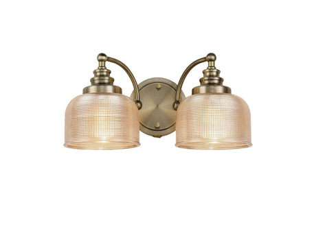 Gray Switched Double Wall Light, 2 Light E27 Antique Brass/Amber Glass