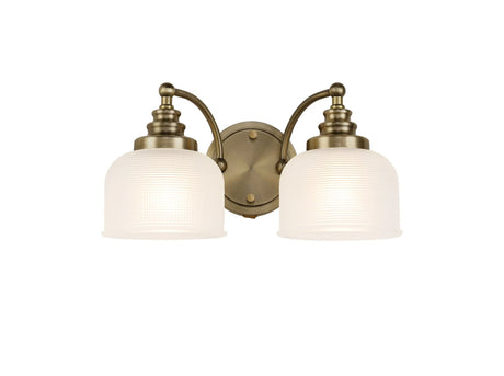 Gray Switched Double Wall Light, 2 Light E27 Antique Brass/Frosted Glass