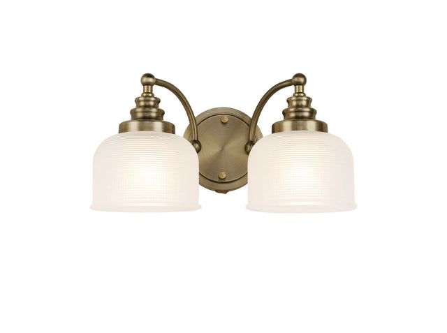 Gray Switched Double Wall Light, 2 Light E27 Antique Brass/Frosted Glass