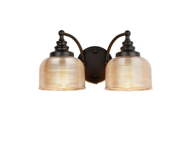 Gray Switched Double Wall Light, 2 Light E27 Satin Black/Amber Glass