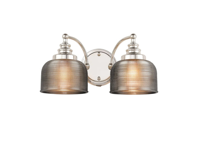 Gray Switched Double Wall Light, 2 Light E27 Polished Nickel/Smoke Glass