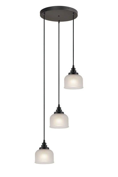 Gray 3 Light Round Pendant, E27, Satin Black/Prismatic Dome Glass, Frosted