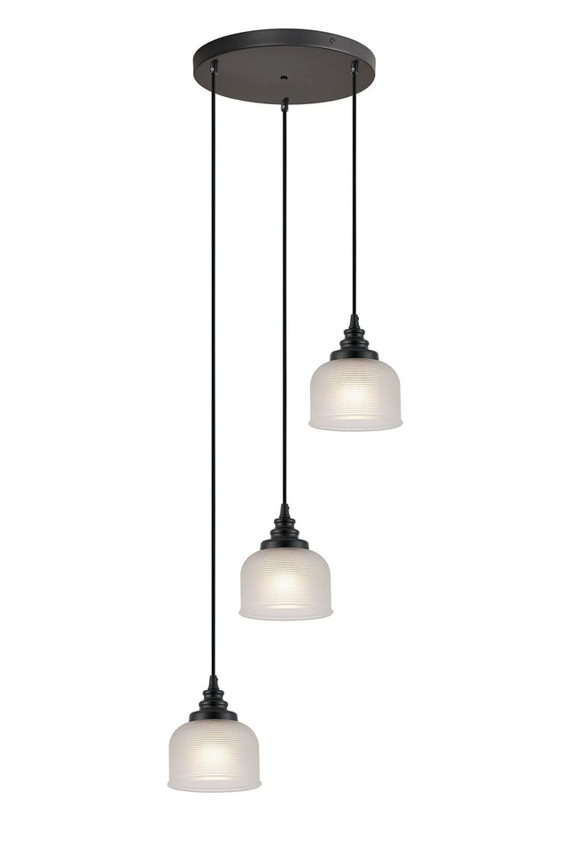Gray 3 Light Round Pendant, E27, Satin Black/Prismatic Dome Glass, Frosted