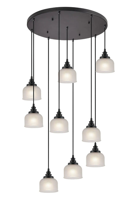 Gray 9 Light Round Pendant, E27, Satin Black/Prismatic Dome Glass, Frosted