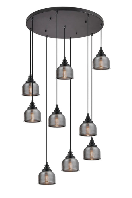 Gray 9 Light Round Pendant, E27, Satin Black/Prismatic Dome Glass, Smoke