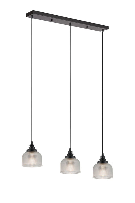 Gray 3 Light Linear Pendant, E27, Satin Black/Prismatic Dome Glass, Clear