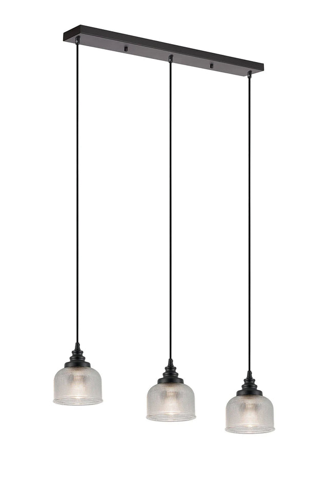 Gray 3 Light Linear Pendant, E27, Satin Black/Prismatic Dome Glass, Clear