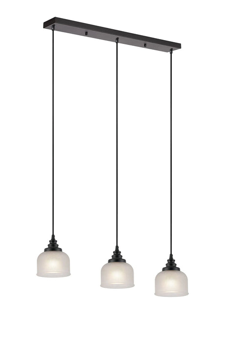 Gray 3 Light Linear Pendant, E27, Satin Black/Prismatic Dome Glass, Frosted
