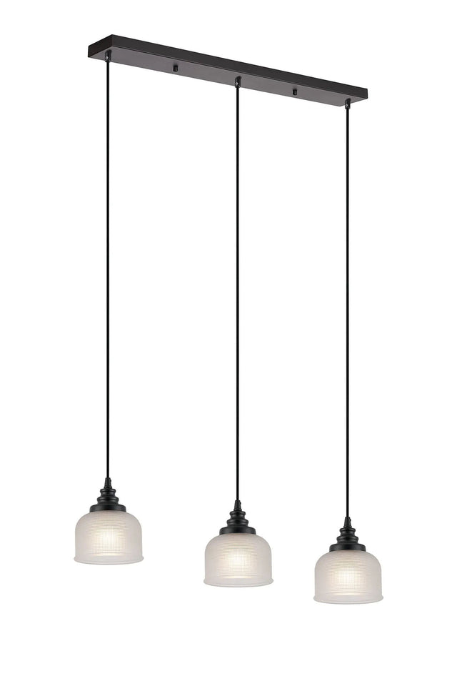 Gray 3 Light Linear Pendant, E27, Satin Black/Prismatic Dome Glass, Frosted
