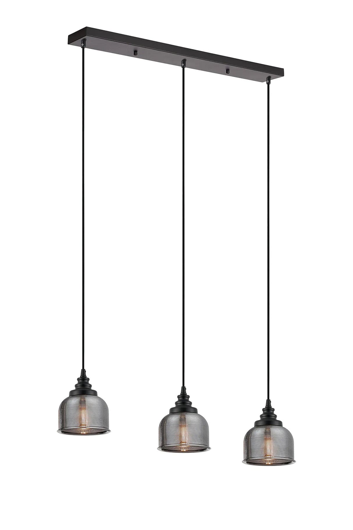 Gray 3 Light Linear Pendant, E27, Satin Black/Prismatic Dome Glass, Smoke