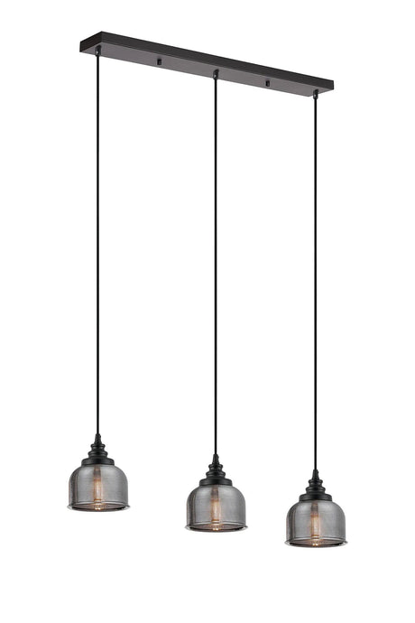 Gray 3 Light Linear Pendant, E27, Satin Black/Prismatic Dome Glass, Smoke