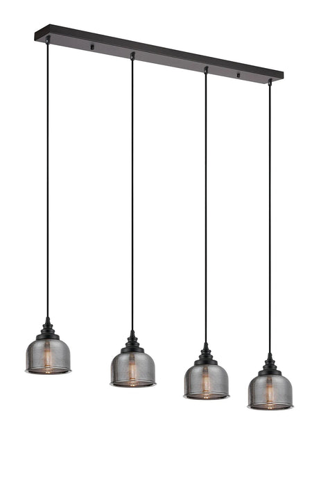 Gray 4 Light Linear Pendant, E27, Satin Black/Prismatic Dome Glass, Smoke
