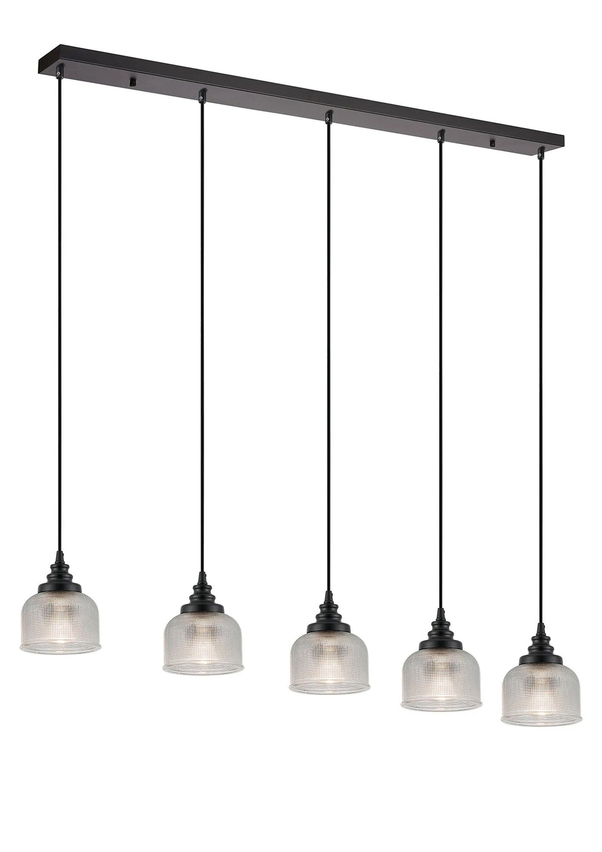 Gray 5 Light Linear Pendant, E27, Satin Black/Prismatic Dome Glass, Clear