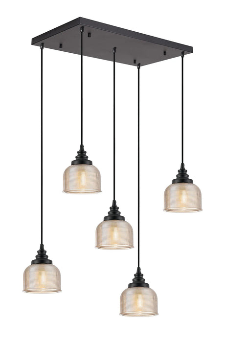 Gray 5 Light Rectangular Pendant, E27, Satin Black/Prismatic Dome Glass, Amber