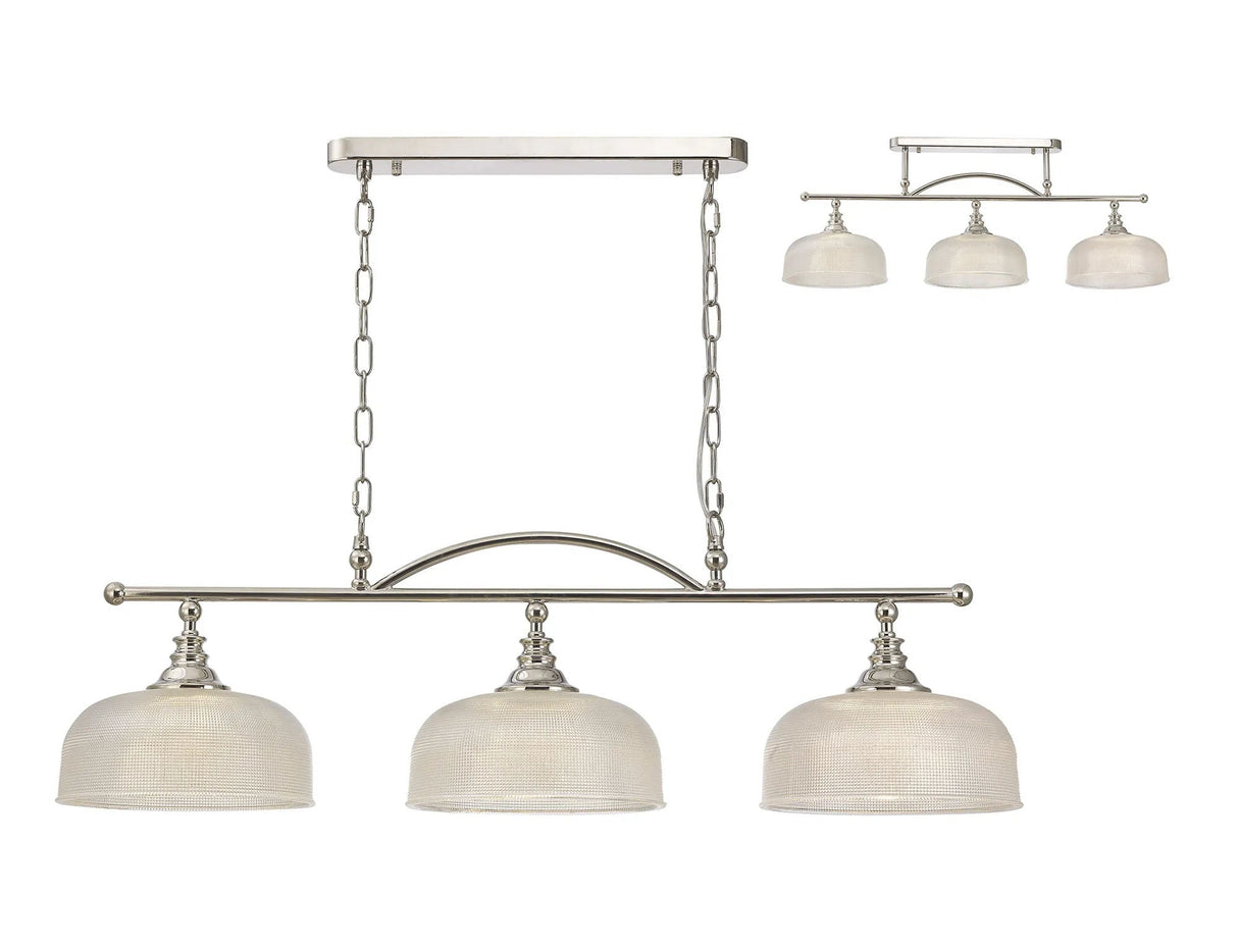 Gray Semi Flush/Pendant Bar, 3 Light Adjustable E27, Polished Nickel/Prismatic Glass