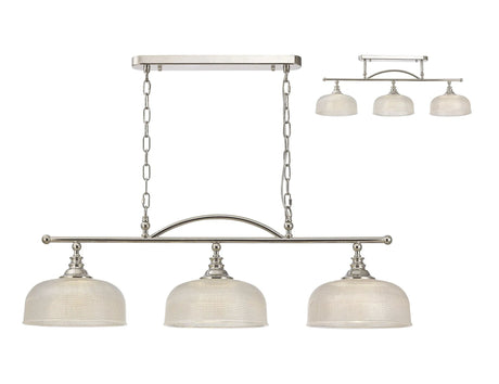 Gray Semi Flush/Pendant Bar, 3 Light Adjustable E27, Polished Nickel/Prismatic Glass