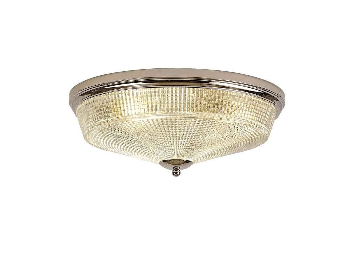 Gray 3 x E27 Flush Ceiling Light, Polished Nickel/Prismatic Glass