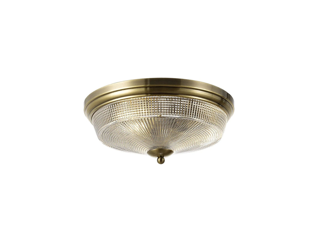 Gray 2 x E27 Flush Ceiling Light, Antique Brass/Prismatic Glass