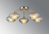 Greaves Flush Ceiling Light, 5 x G9, Antique Brass/Cognac Glass/Clear Crystal